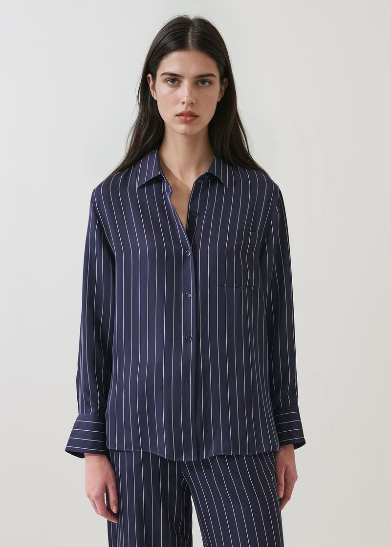 Silk Boyfriend Pocket Shirt in Navy Pinstripe