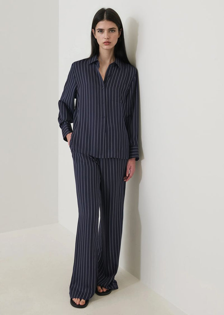 Silk Boyfriend Pocket Shirt in Navy Pinstripe