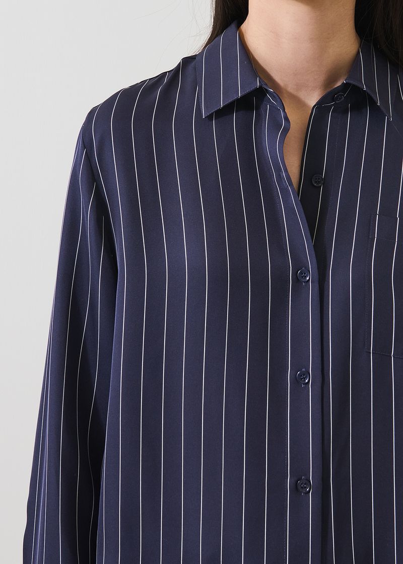 Silk Boyfriend Pocket Shirt in Navy Pinstripe