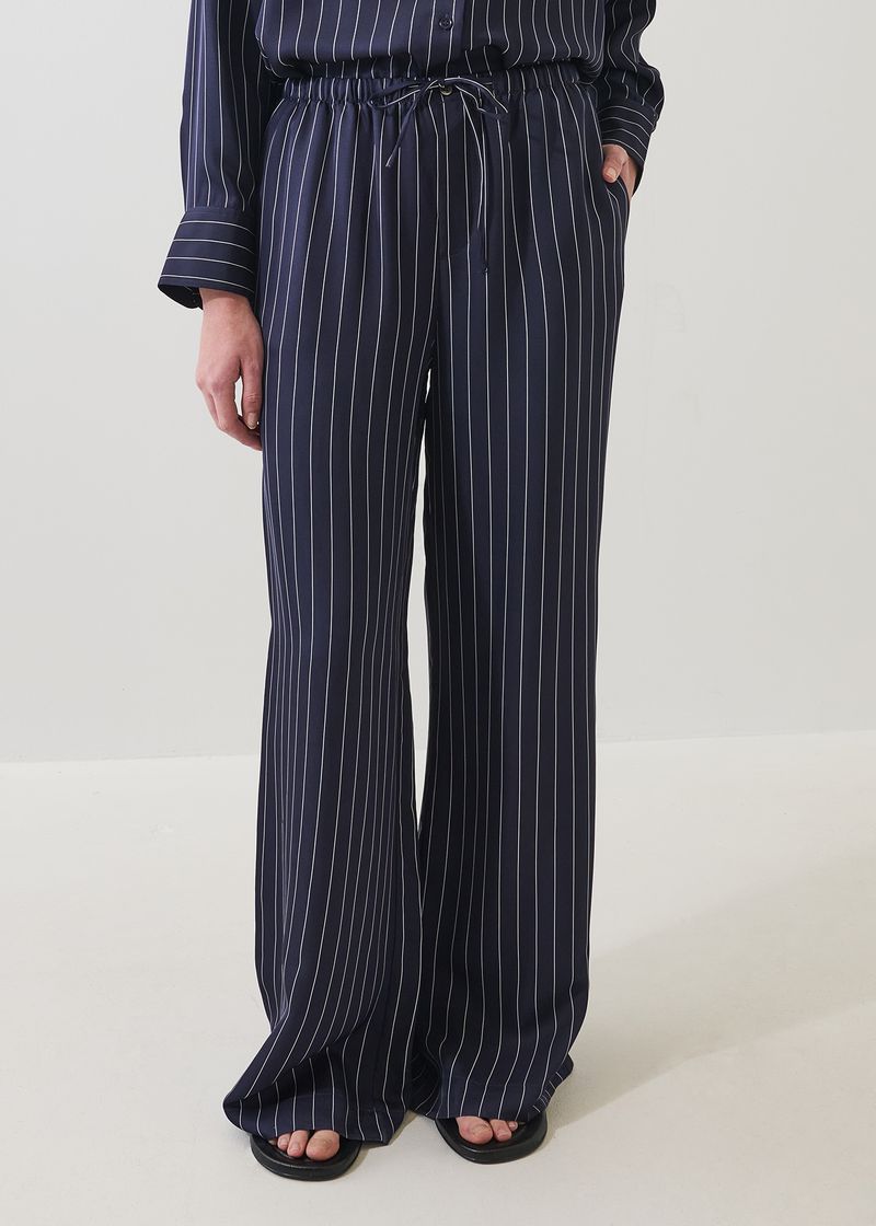 Silk Drawstring Pant in Navy Pinstripe