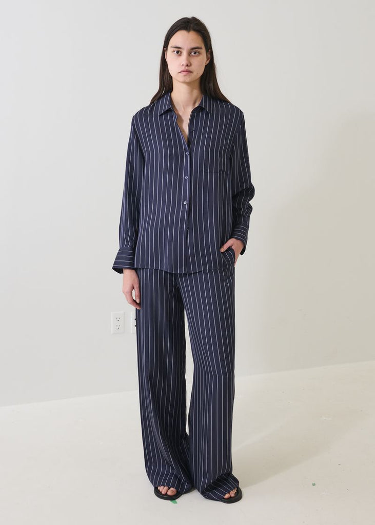 Silk Drawstring Pant in Navy Pinstripe