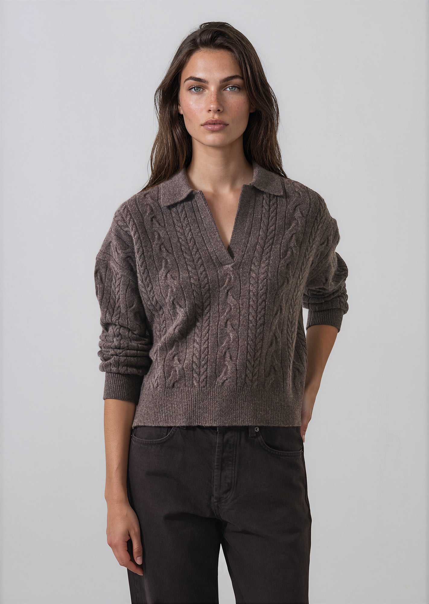 Superfine Wool Relaxed Cable Polo in Barn Owl