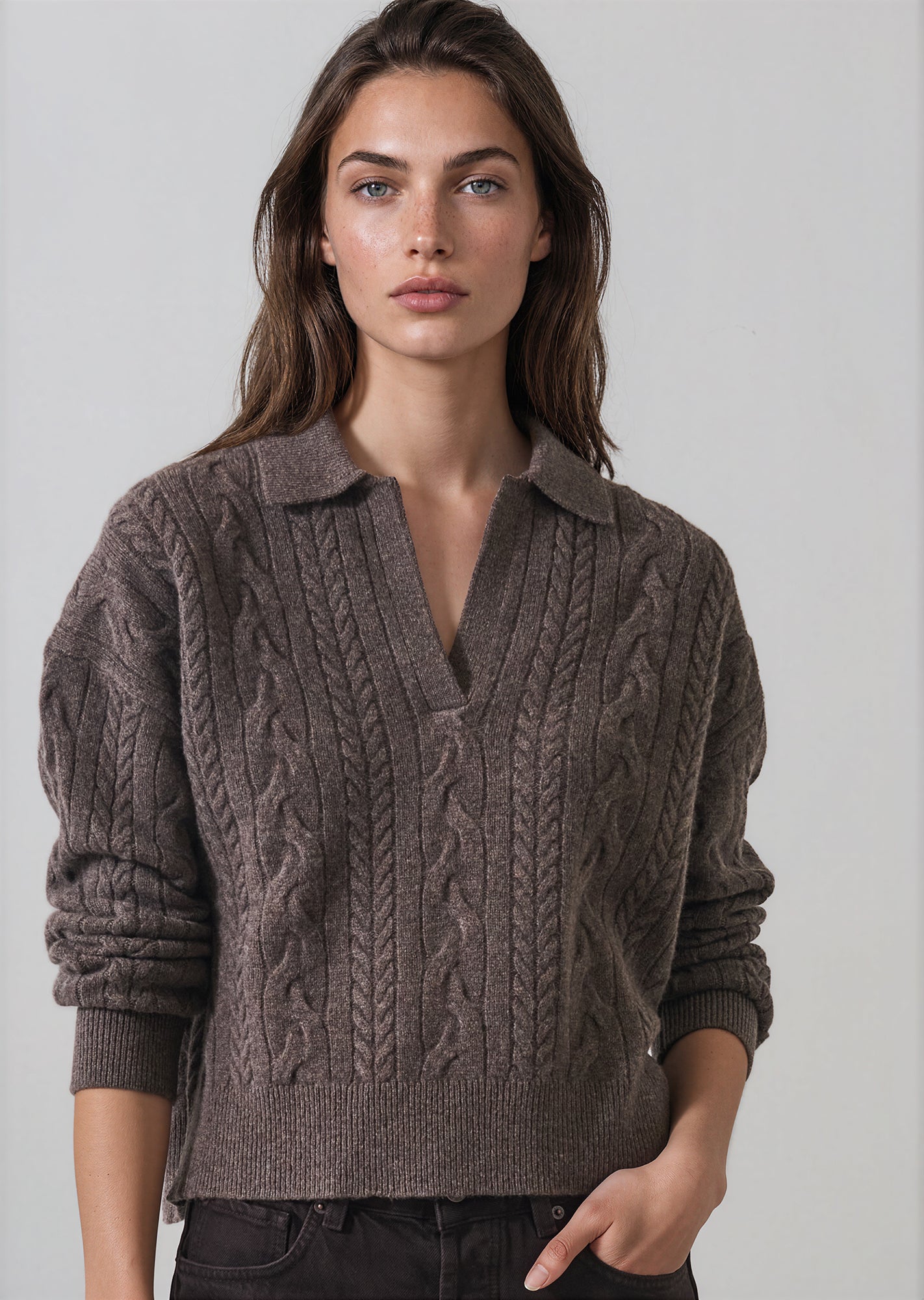 Superfine Wool Relaxed Cable Polo in Barn Owl