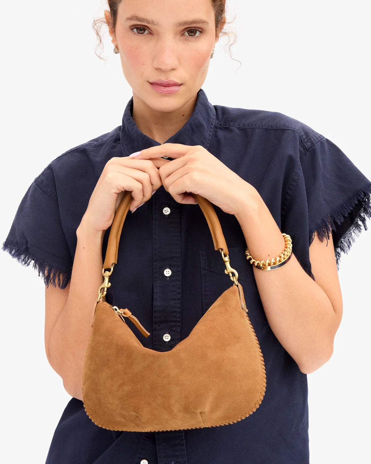 Petit Moyen Messenger in Caramel Suede w/ Whipstitch