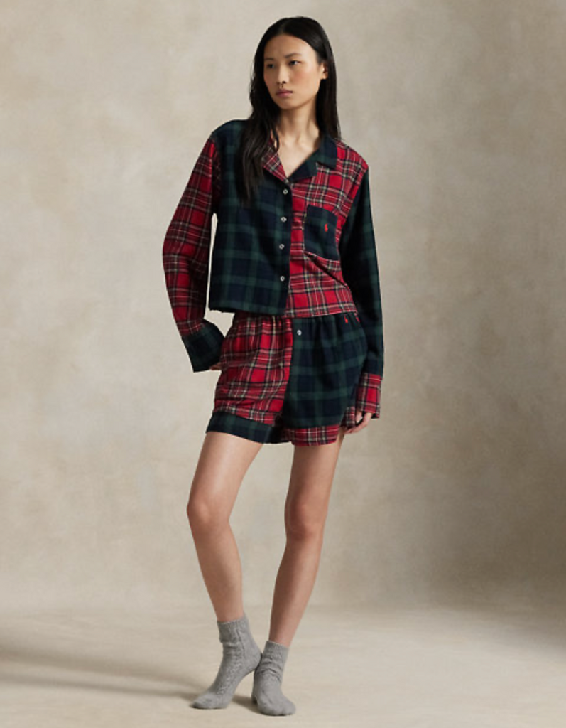 Crop Boxer Pajama Set in Black Watch/Estate