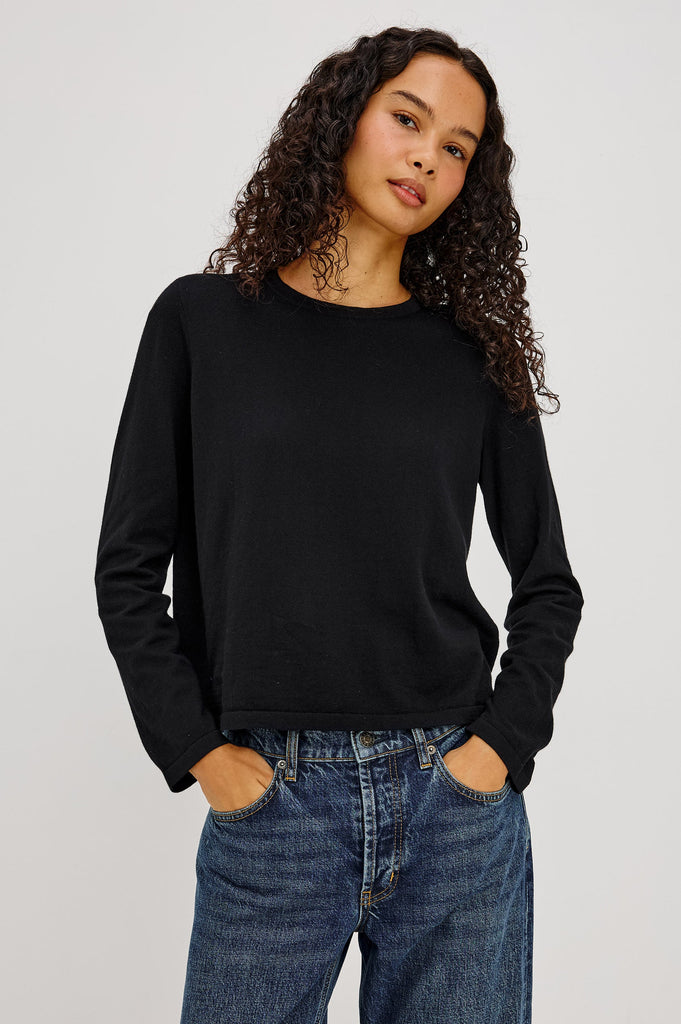 Cotton Cashmere Long Sleeve T-Shirt in Black