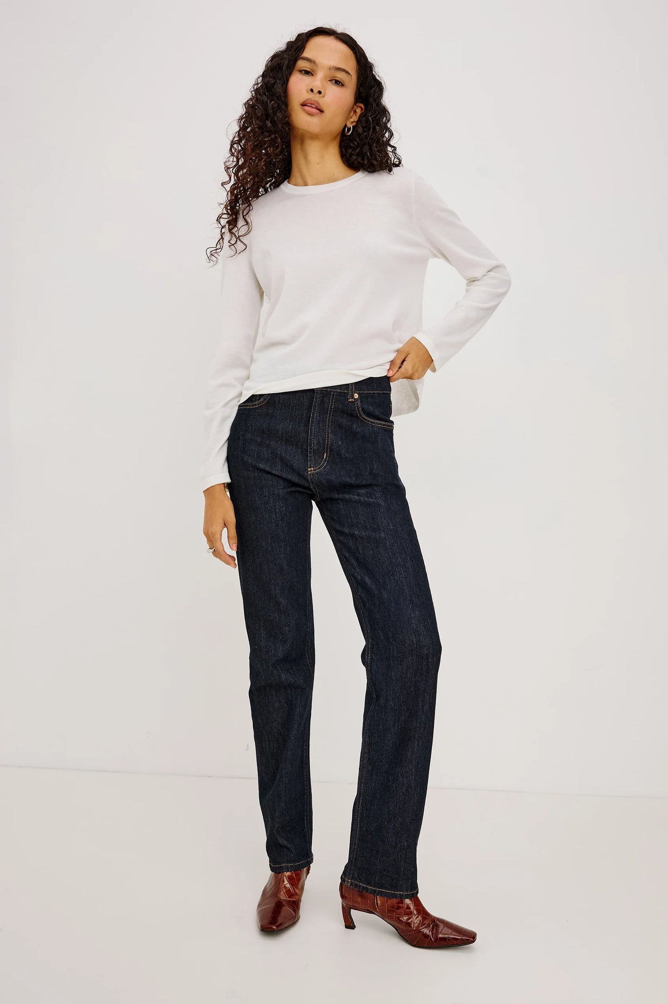 Cotton Cashmere Long Sleeve T-Shirt in White