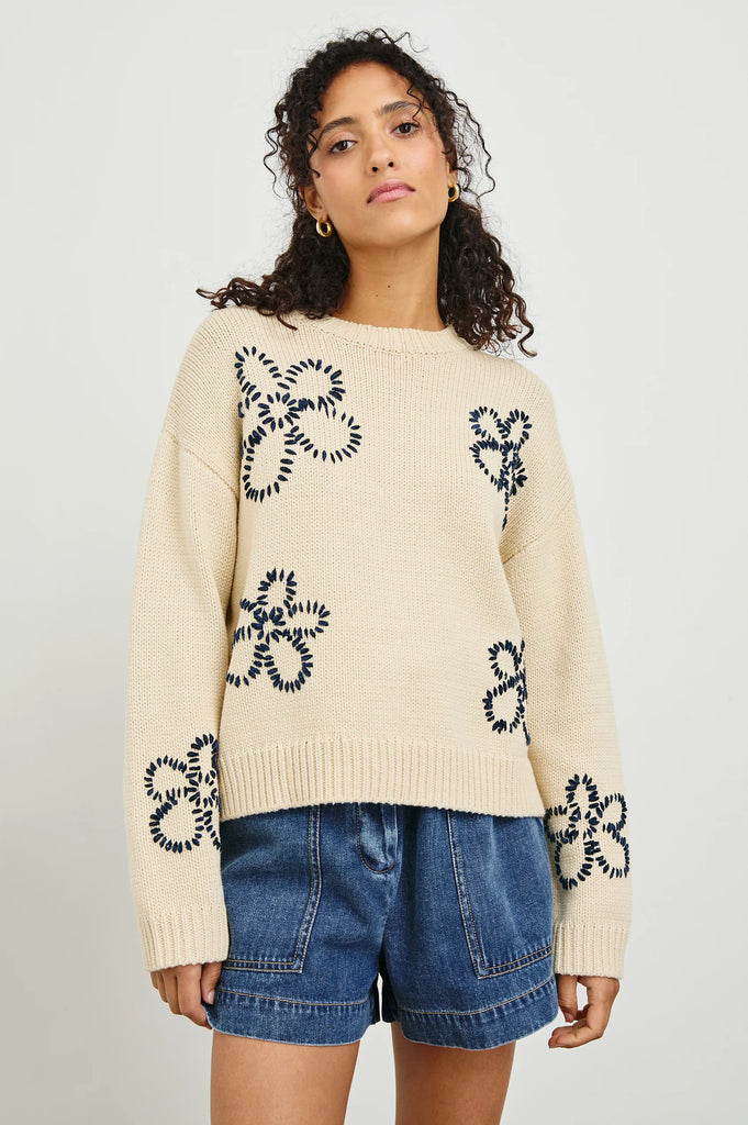 Zoey Sweater in Ivory Navy Stitched Daisies