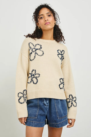 Zoey Sweater in Ivory Navy Stitched Daisies