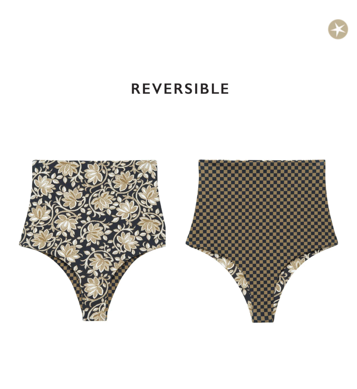 The Reversible High Rise Brief. Black Oasis Floral & Bronze Check