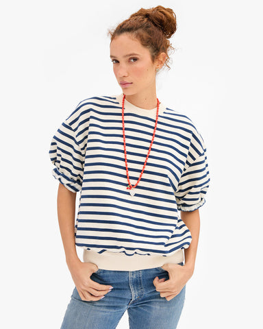 Short Sleeve Oversized Sweatshirt in Cream/Navy Stripes