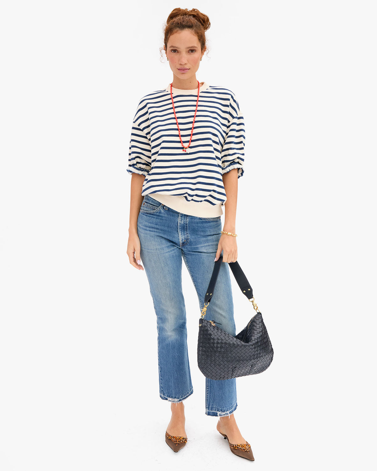 Short Sleeve Oversized Sweatshirt in Cream/Navy Stripes