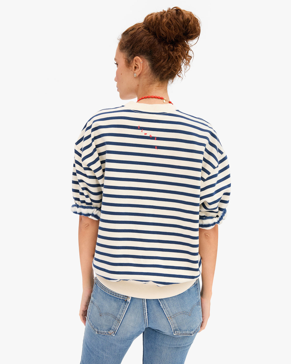 Short Sleeve Oversized Sweatshirt in Cream/Navy Stripes