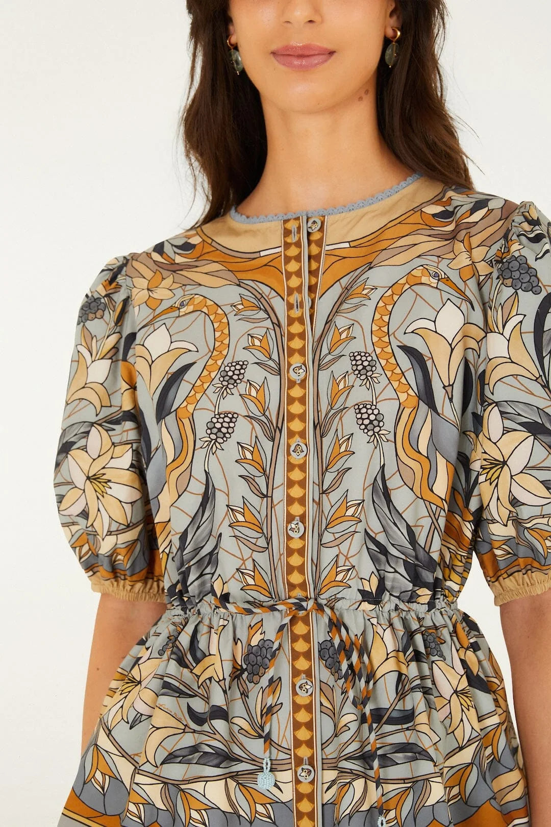 Stained Glass Beauty Drawstring Buttoned Blouse