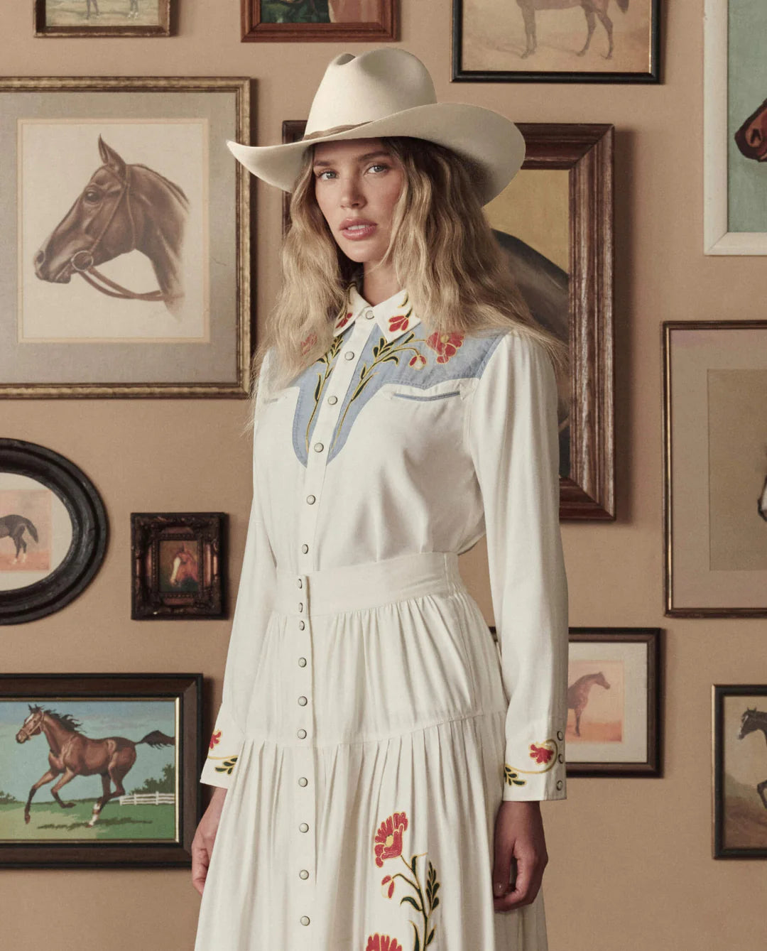 The Embroidered Western Shirt. Cream With Chambray Mix Multi Emb
