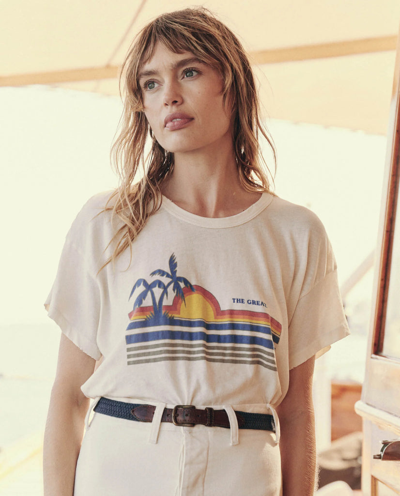 The Boxy Crew with Sunset Graphic. Washed White