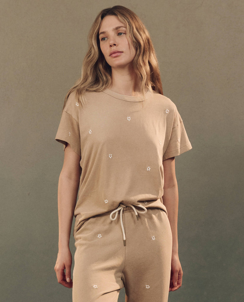 The Boxy Crew with Daisy Embroidery. Khaki