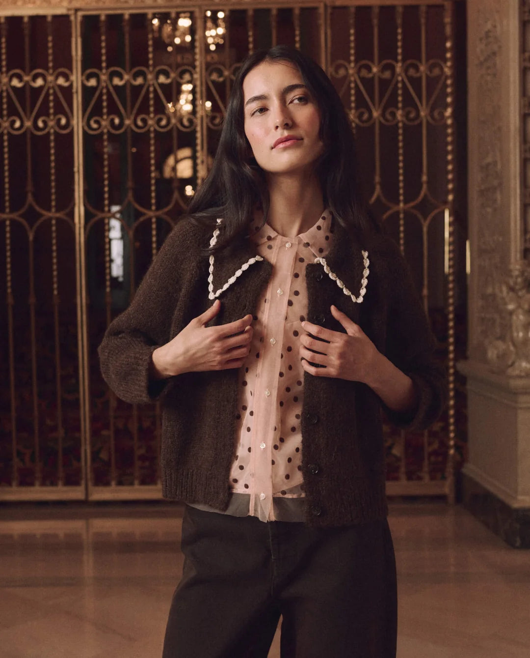 The Crochet Collar Cardigan. Chocolate Brown