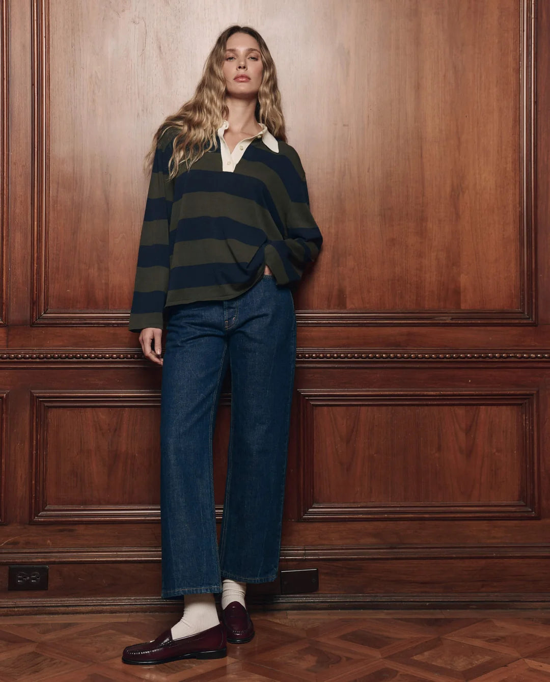 The Academy Polo Sweater. Army League Stripe