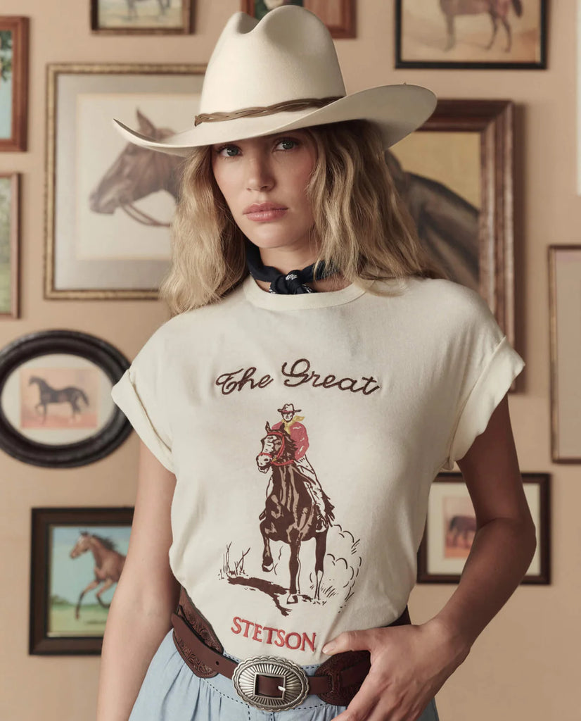 The Boxy Crew With Stetson Graphic. Washed White
