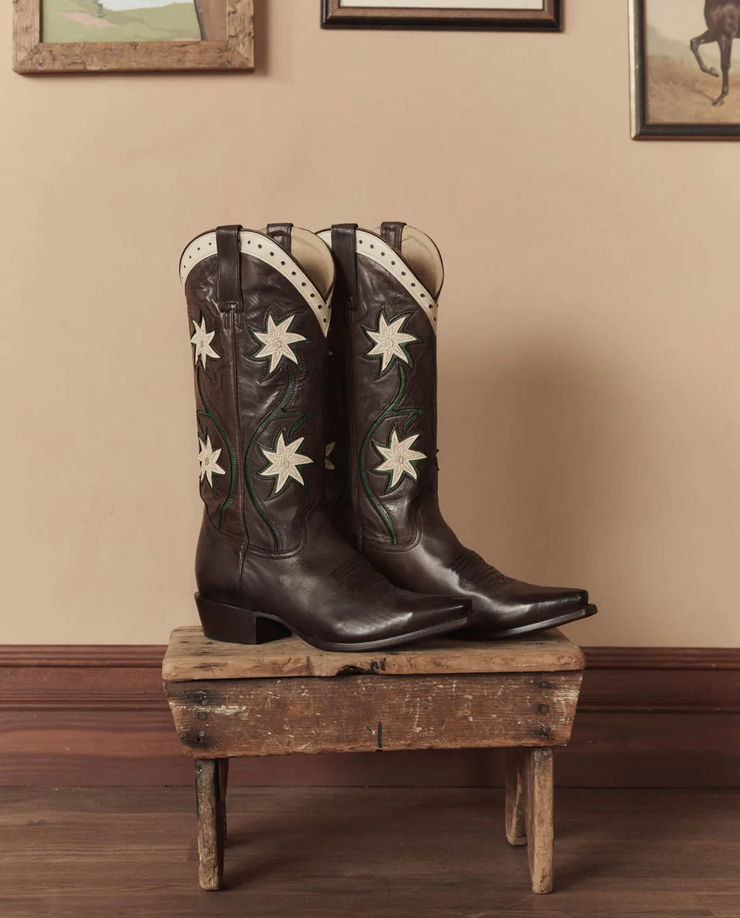 The Cowboy Boot (Leather Floral). Brown Floral