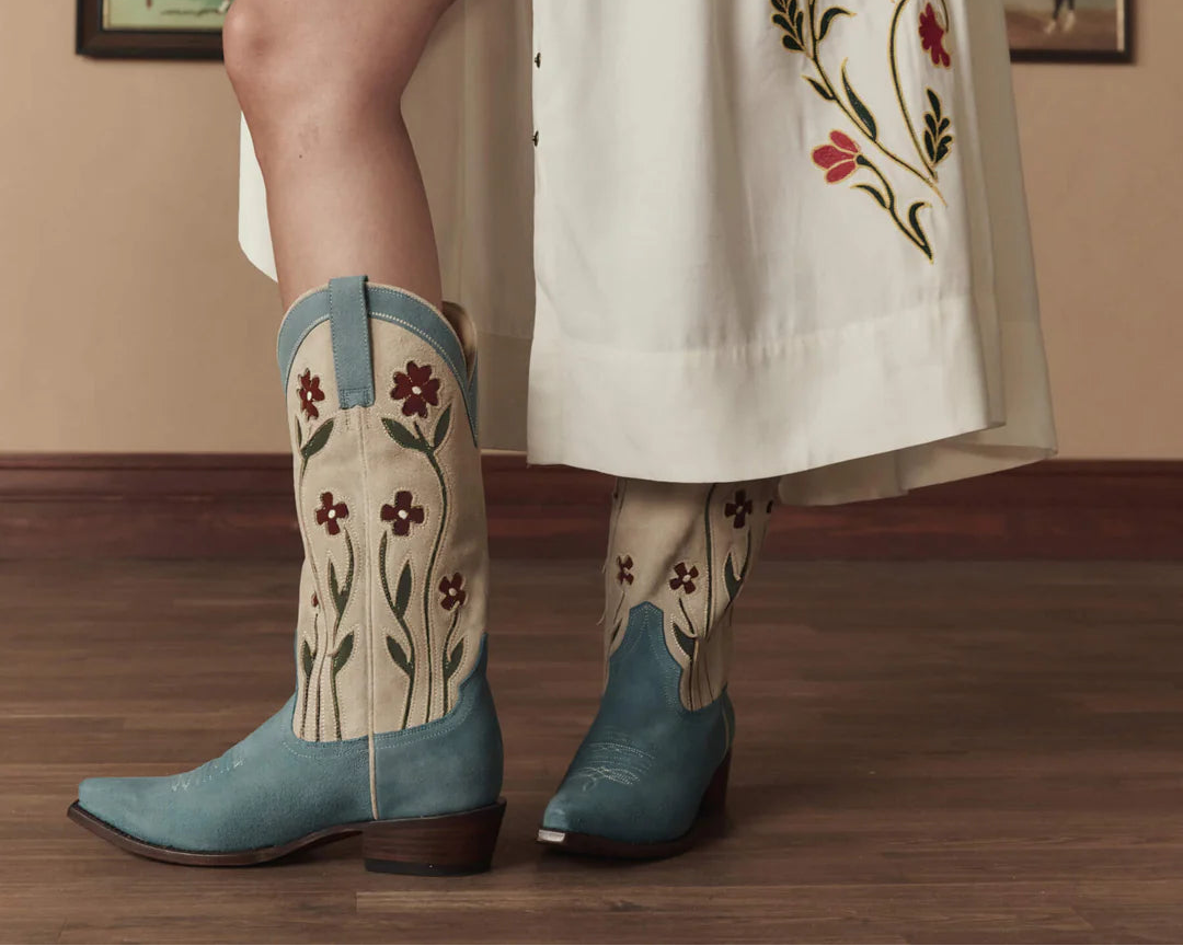 The Cowboy Boot (Suede Floral). Washed Indigo Floral