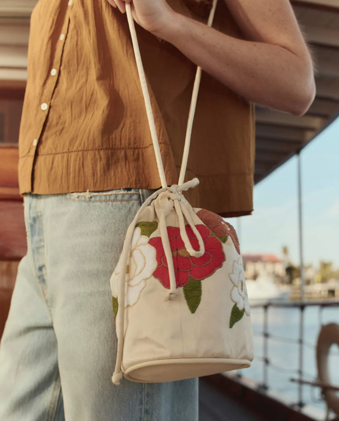 The Embroidered Cinched Bucket Bag. White