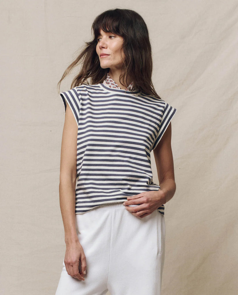 The Peak Shoulder Tee. Vintage Blue Stripe