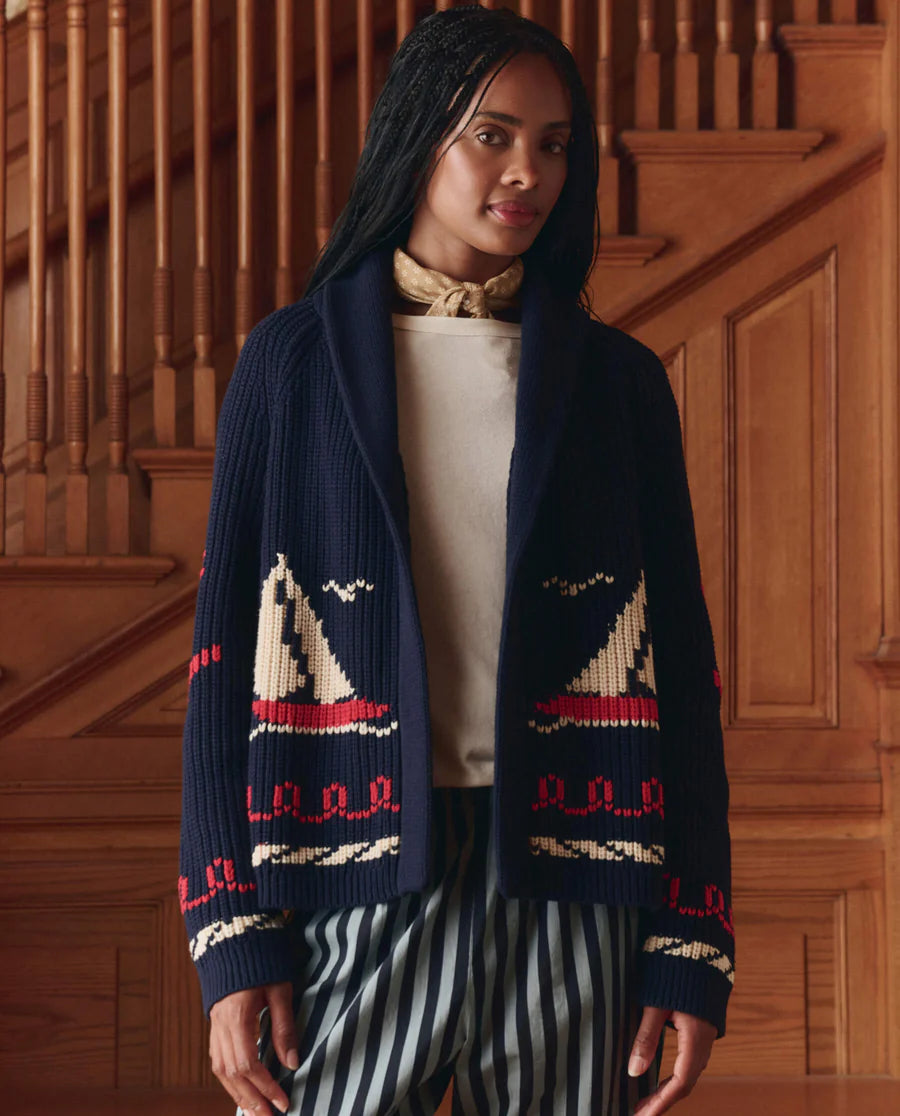 The Sailboat Lodge Cardigan. Dark Navy