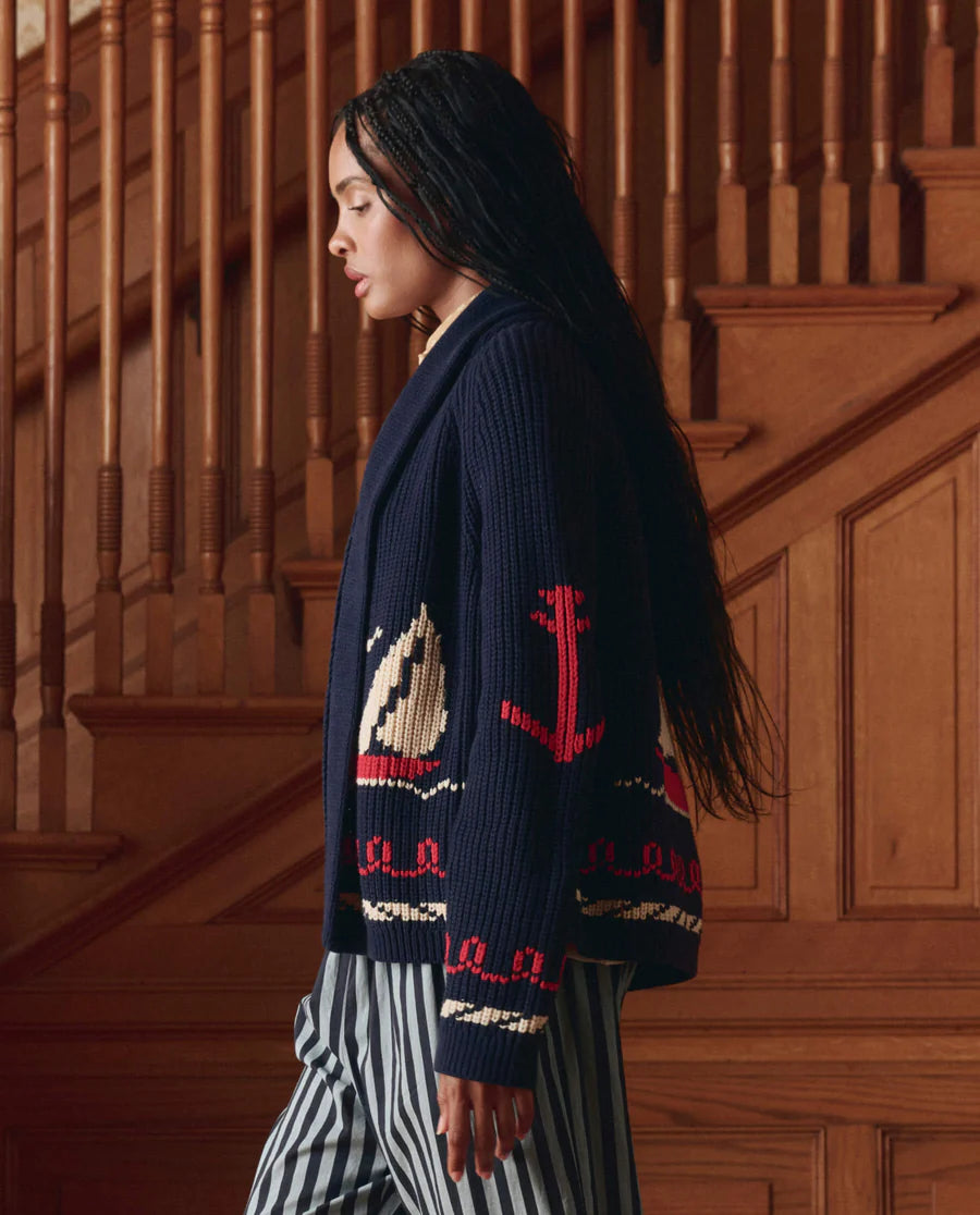 The Sailboat Lodge Cardigan. Dark Navy
