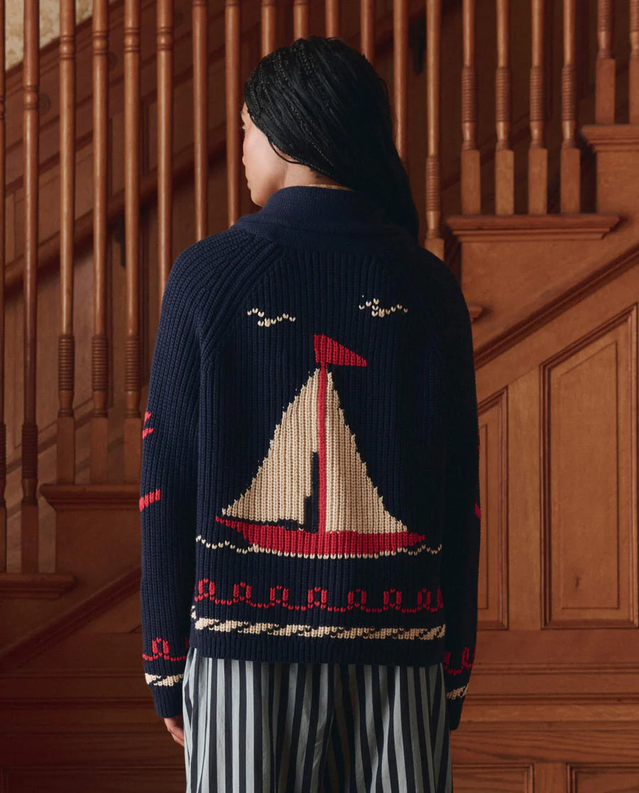 The Sailboat Lodge Cardigan. Dark Navy