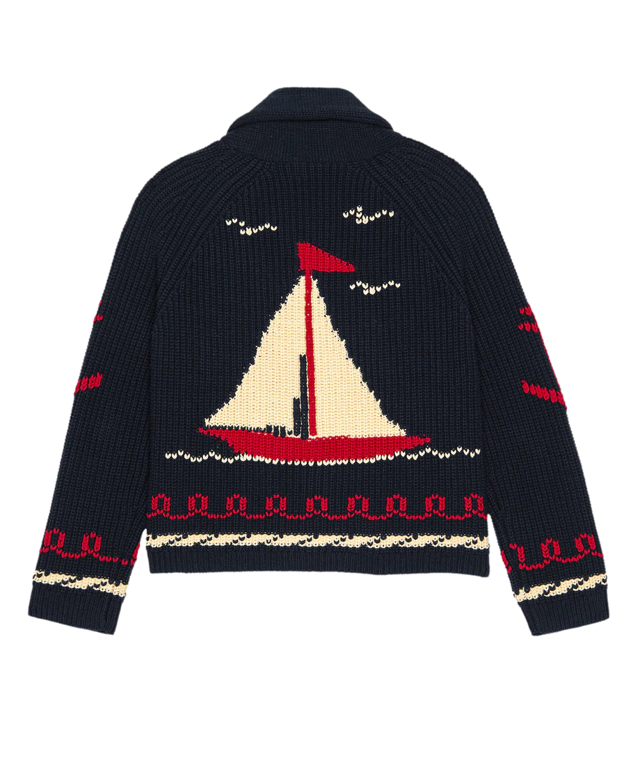 The Sailboat Lodge Cardigan. Dark Navy