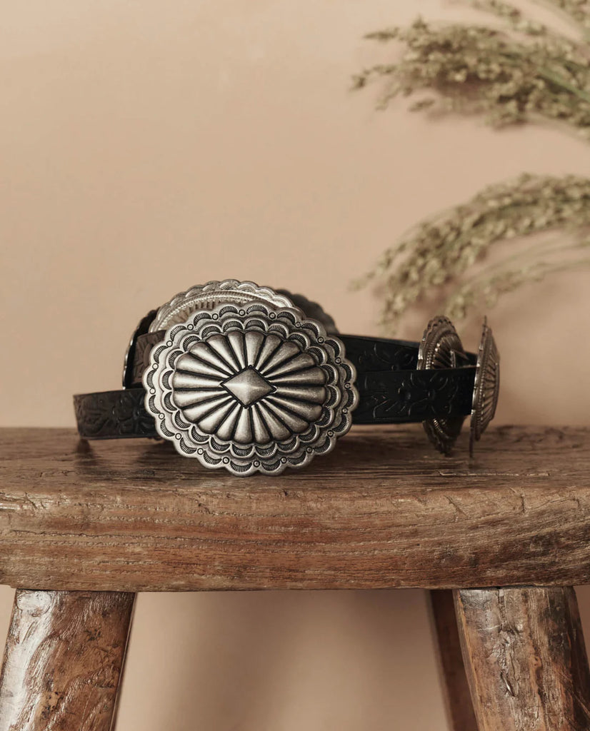 The Tooled Leather Concho Belt. Black With Silver