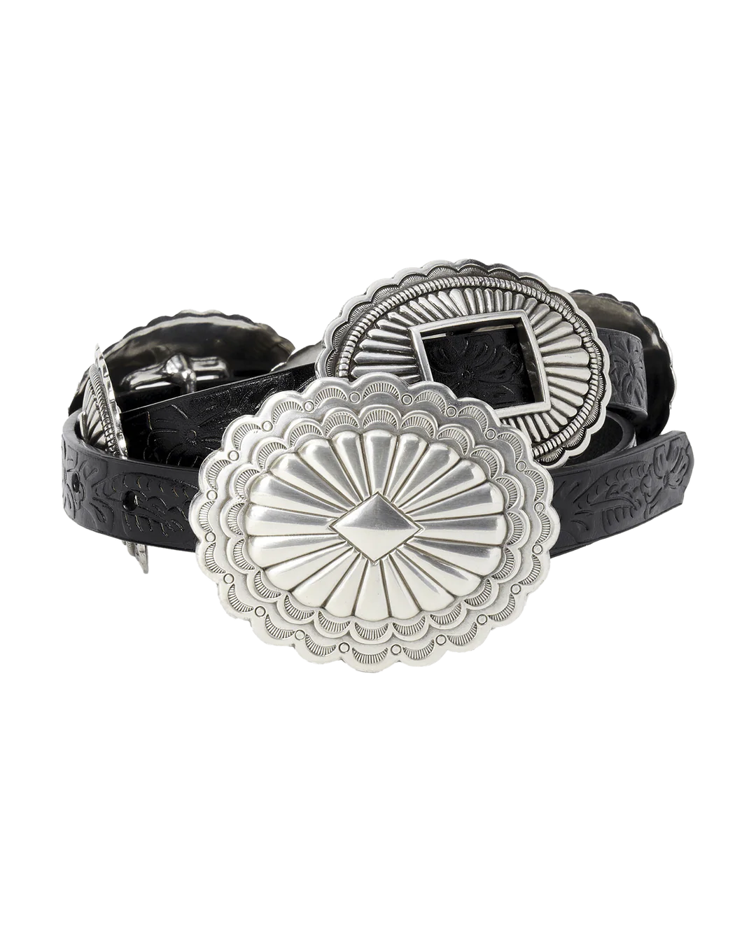 The Tooled Leather Concho Belt. Black With Silver