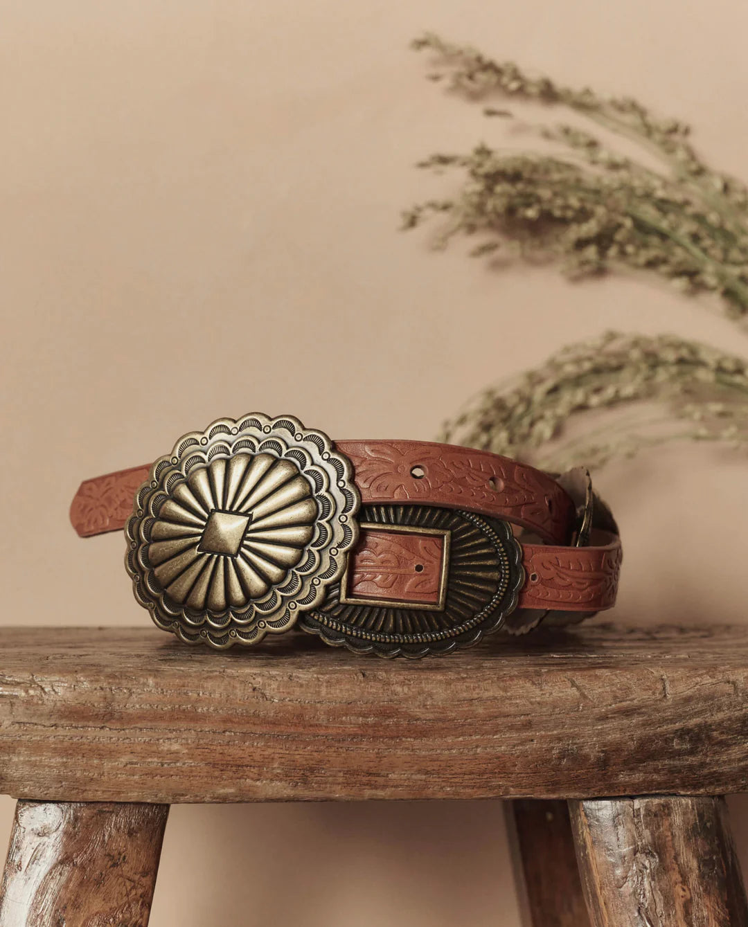The Tooled Leather Concho Belt. Cognac With Brass