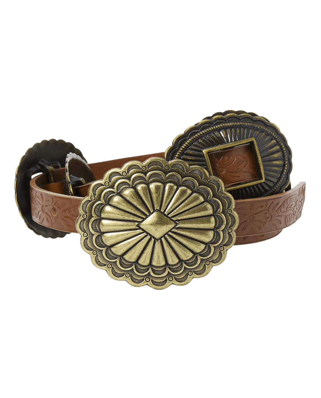 The Tooled Leather Concho Belt. Cognac With Brass