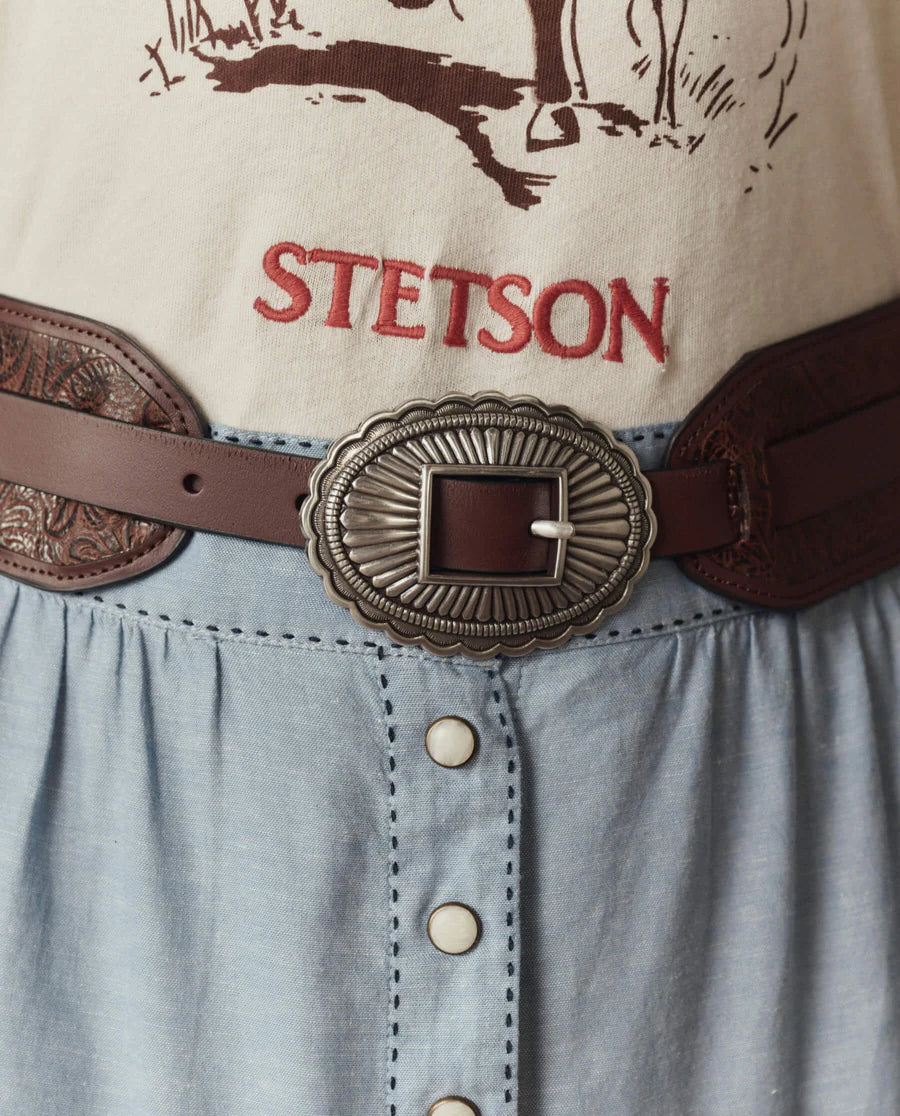 The Tooled Waist Belt. Brown with Silver