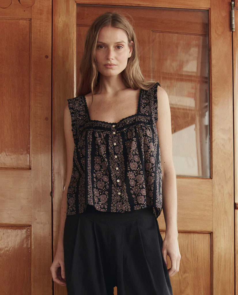 The Victorian Pleat Tank. Black and Cream Token Floral