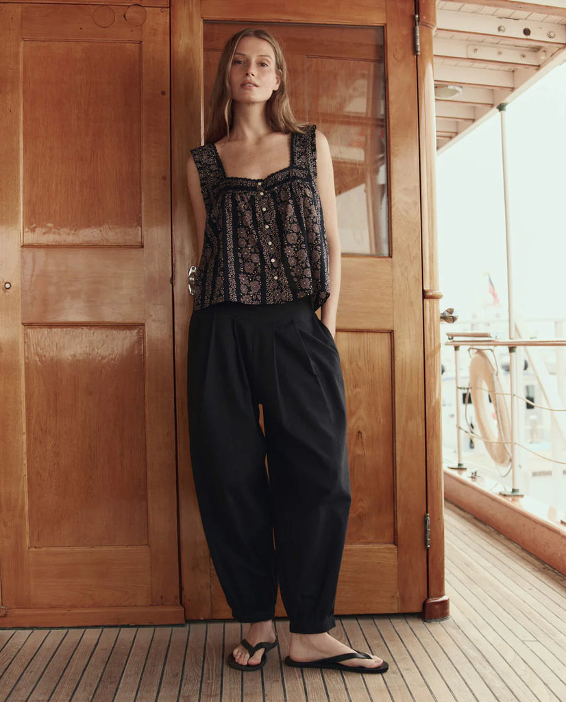 The Victorian Pleat Tank. Black and Cream Token Floral