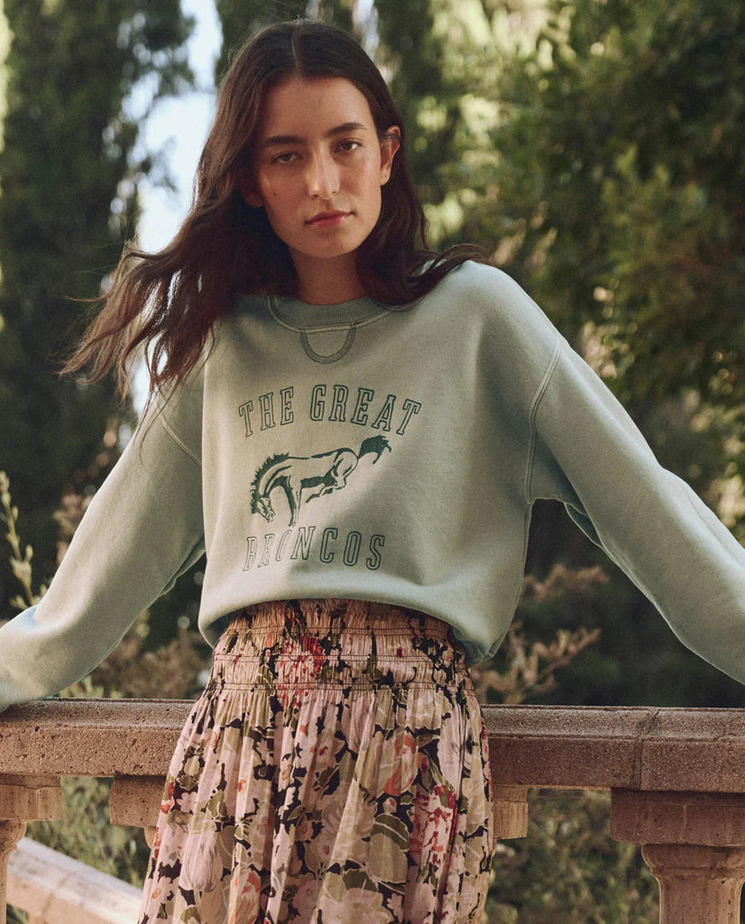 The League Sweatshirt with Bucking Bronco Graphic. Smoke Green