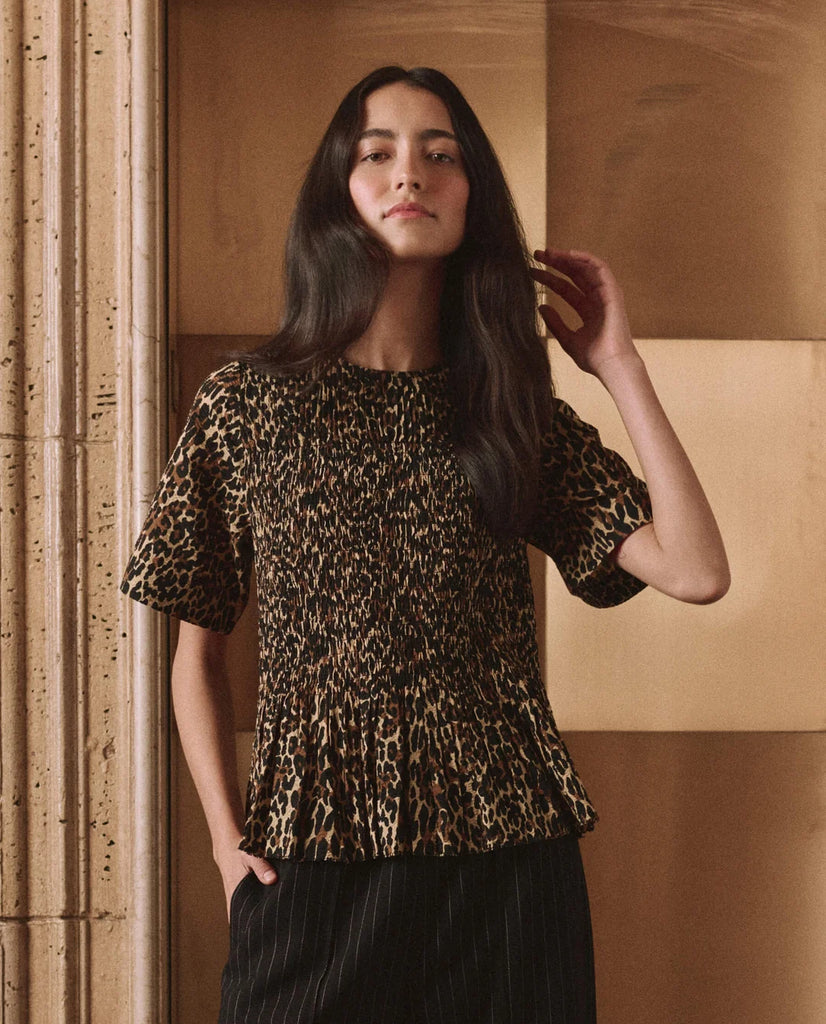 The Smocked Flounce Top. Tan Leopard