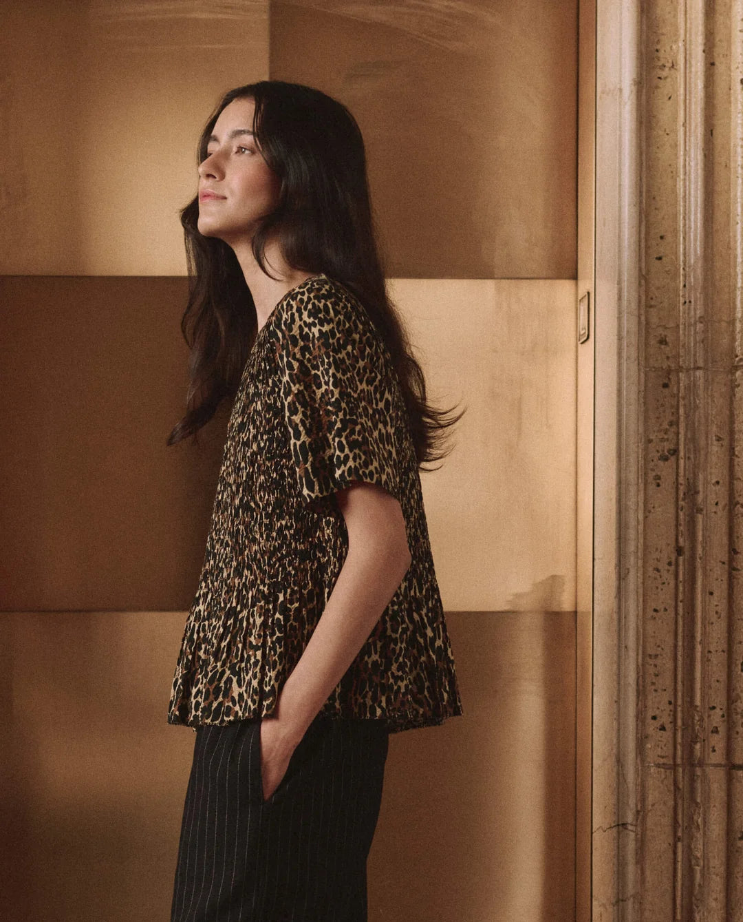The Smocked Flounce Top. Tan Leopard