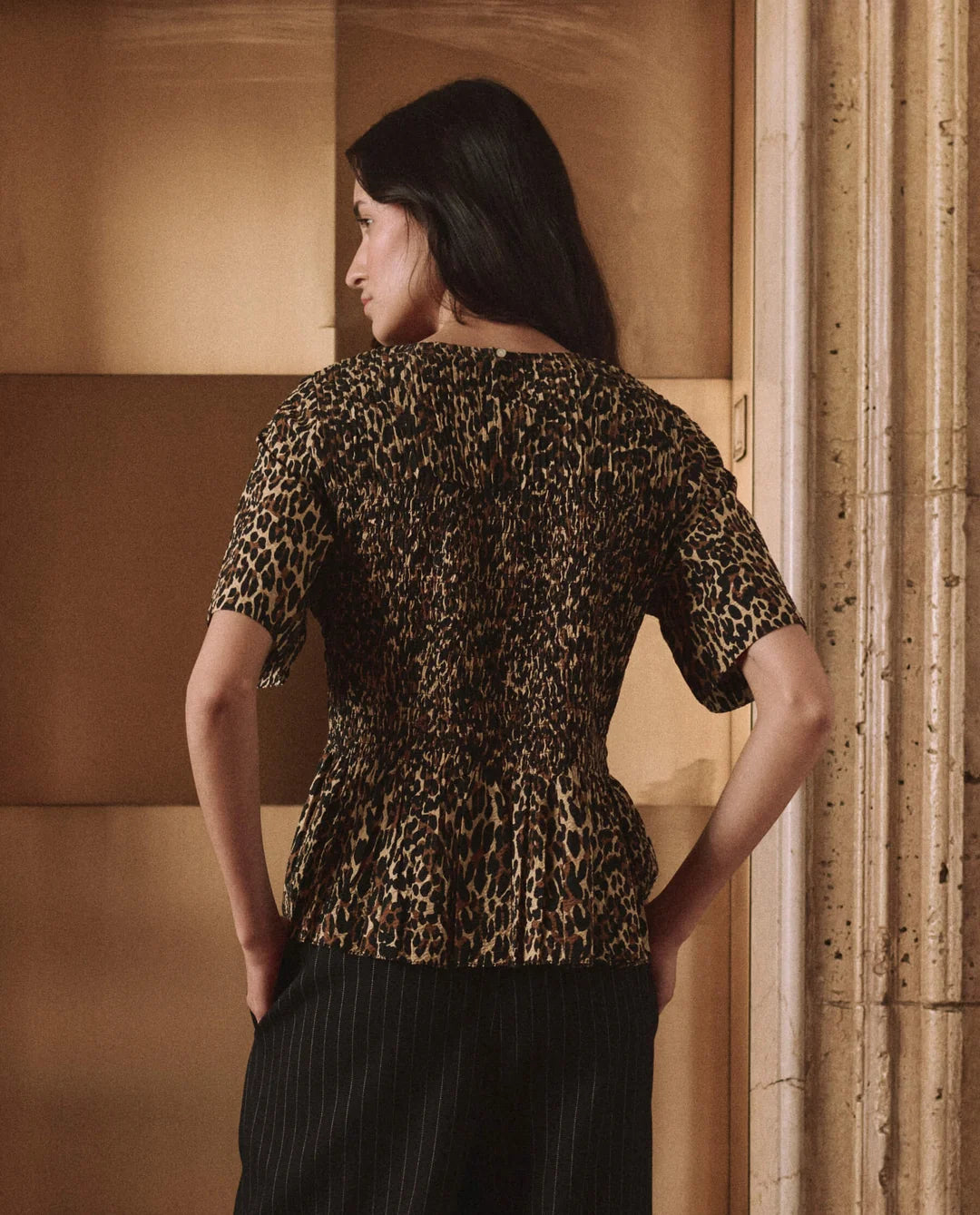 The Smocked Flounce Top. Tan Leopard
