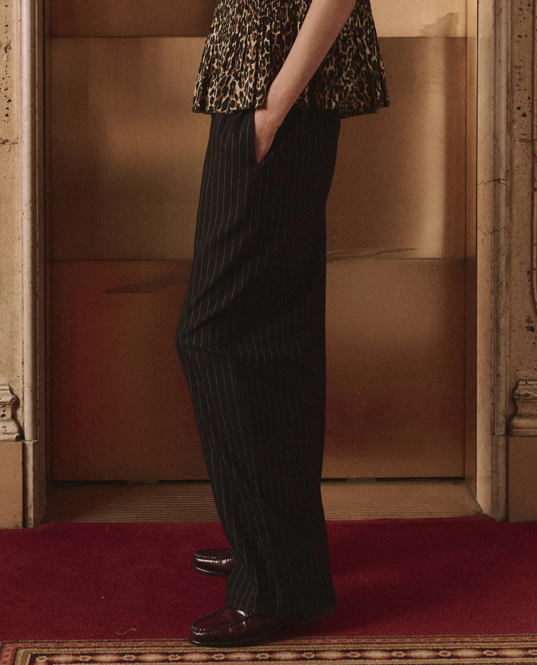 The Tracksuit Pintuck Pant. Black/Cream Pinstripe