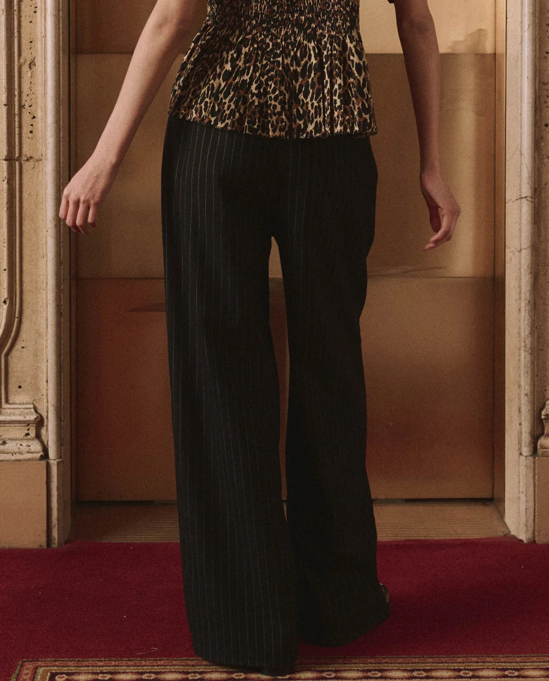 The Tracksuit Pintuck Pant. Black/Cream Pinstripe
