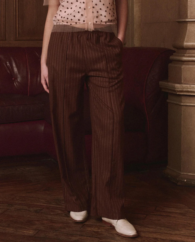 The Tracksuit Pintuck Pant. Chocolate/Cream Pinstripe