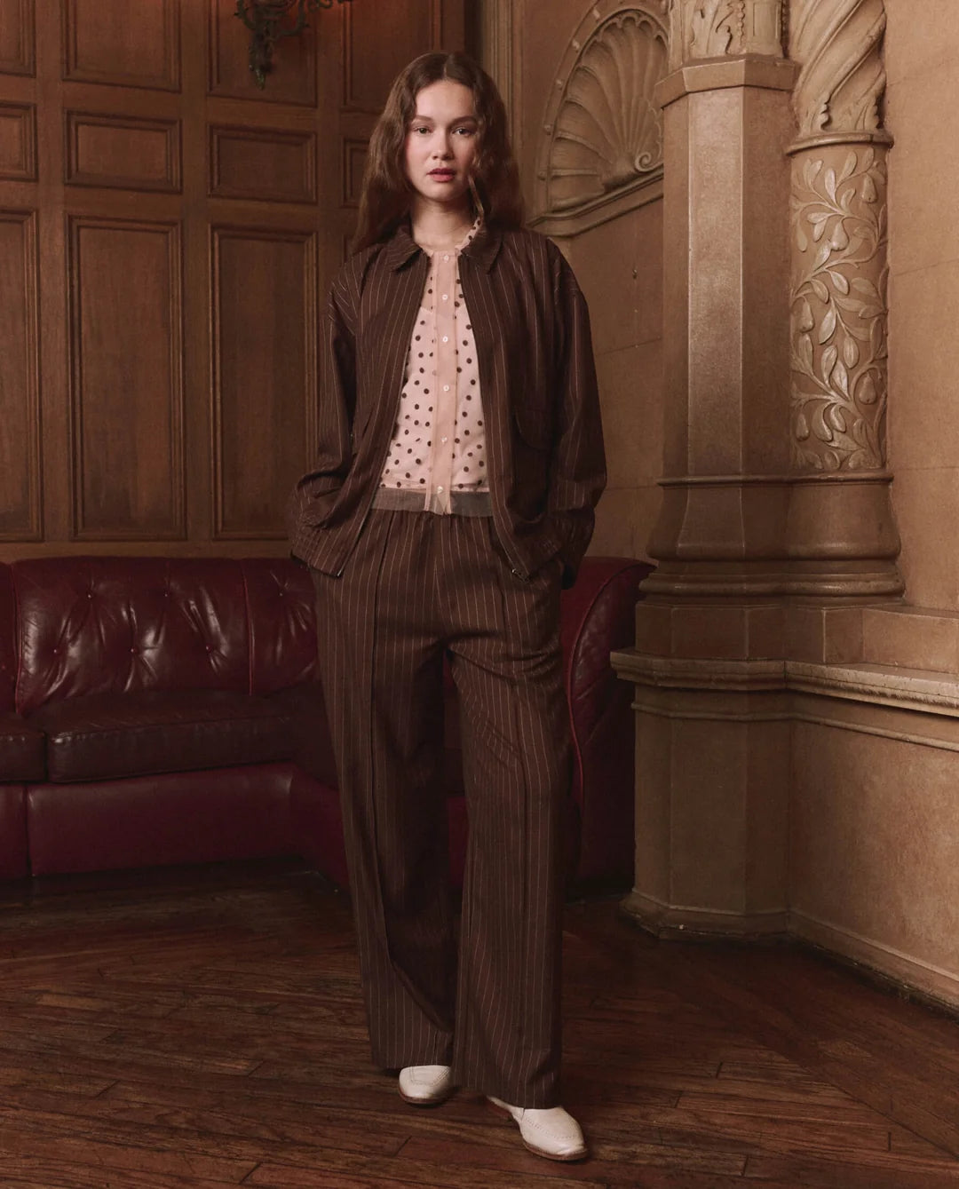 The Tracksuit Pintuck Pant. Chocolate/Cream Pinstripe