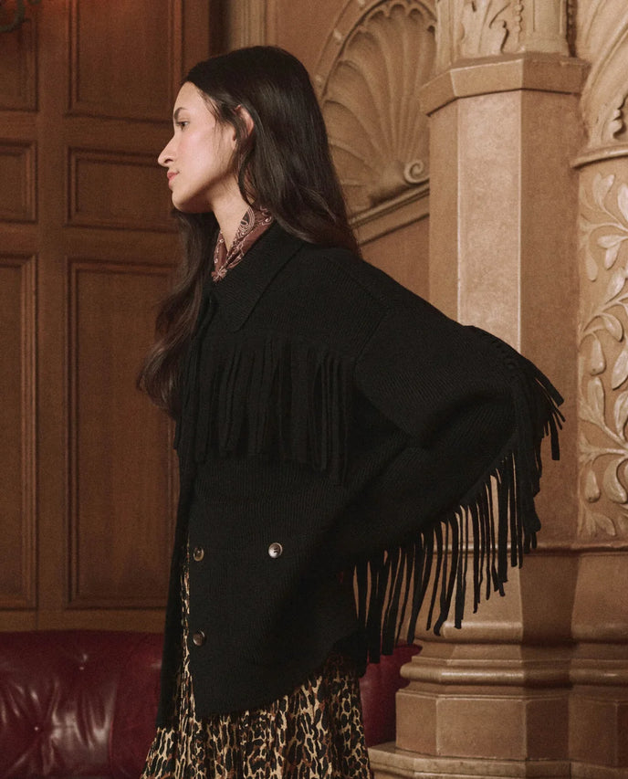 Shop The Western Fringe Sweater Jacket. Black