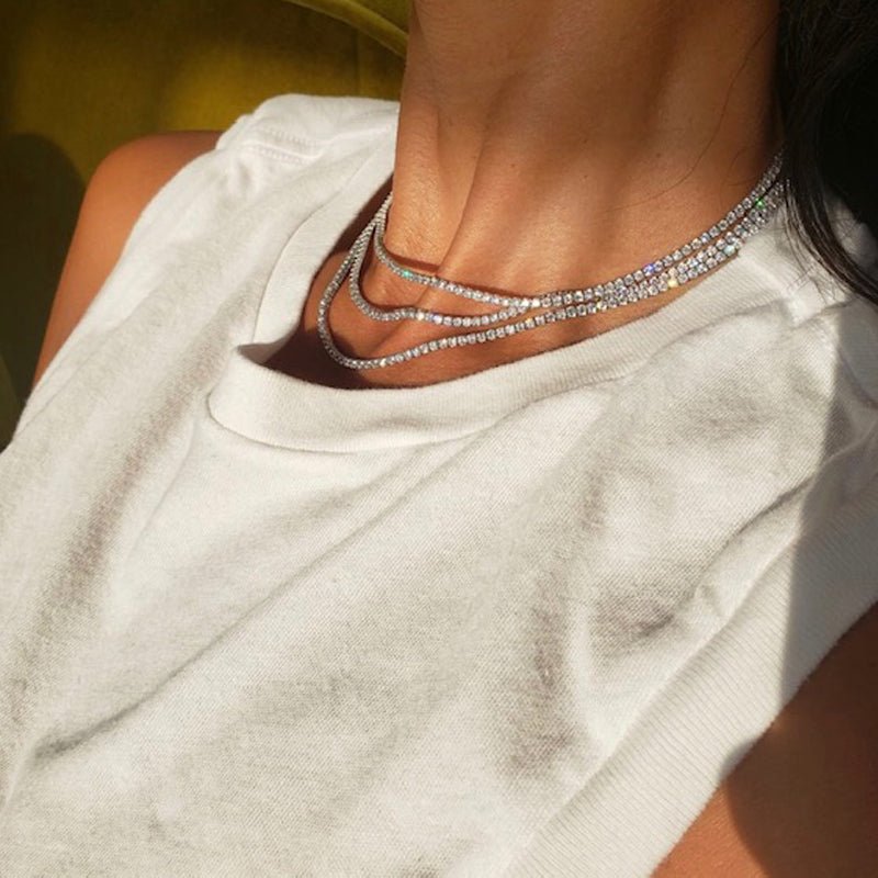 Tish Tennis Necklace in White Rhodium and Clear Crystals