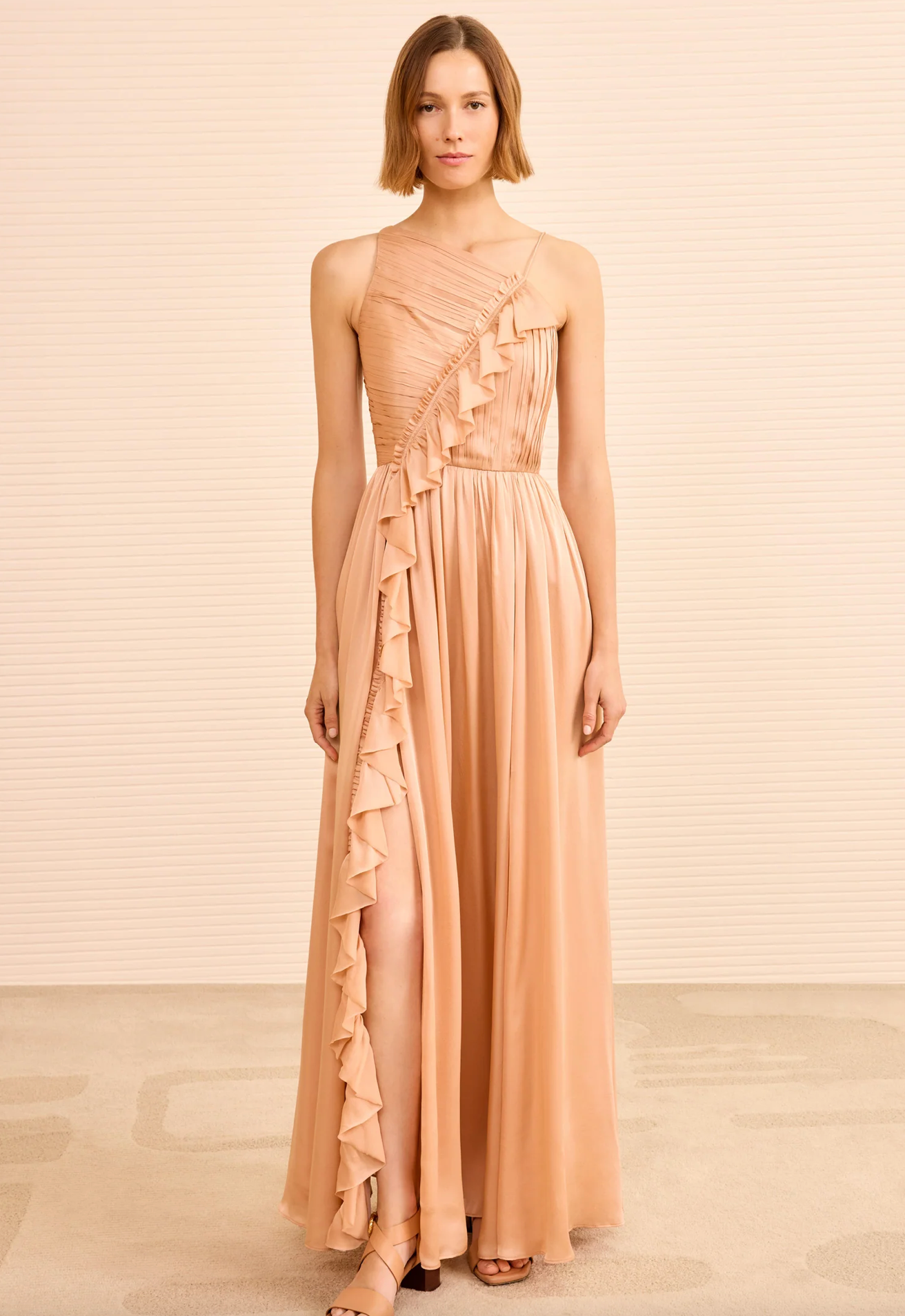 Aisha Pleated Asymmetrical Gown in Mulberry